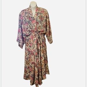 Calico Dynasty Floral Long Sleeve Sheer Vintage Kimono Coverup Robe
